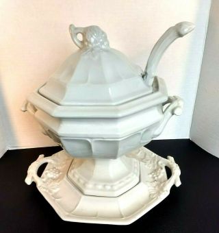 Soup Tureen Very Lg And Heavy With Underplate & Soup Ladle White Ironstone Vtg