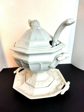 Soup Tureen Very Lg and Heavy with underplate & Soup Ladle White Ironstone Vtg 2