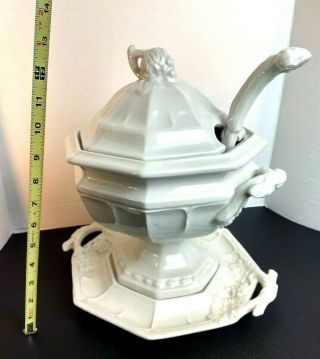 Soup Tureen Very Lg and Heavy with underplate & Soup Ladle White Ironstone Vtg 4