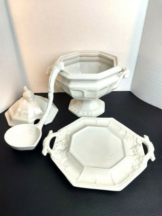 Soup Tureen Very Lg and Heavy with underplate & Soup Ladle White Ironstone Vtg 7