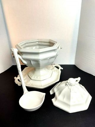 Soup Tureen Very Lg and Heavy with underplate & Soup Ladle White Ironstone Vtg 8