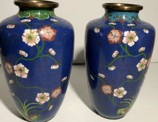 Pair Chinese Vase Jar Urn Cloisonne Flower Blossoms Dark Blue Enamel 8 - 1/2 "