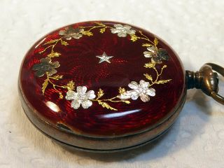 Antique Red Enamel Pocket Watch 800 Silver Case As Found 6