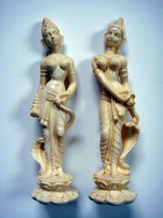 Pair Vintage Dancing Woman Statue Cobra India Ivory Like 8 " Tall Made In Italy