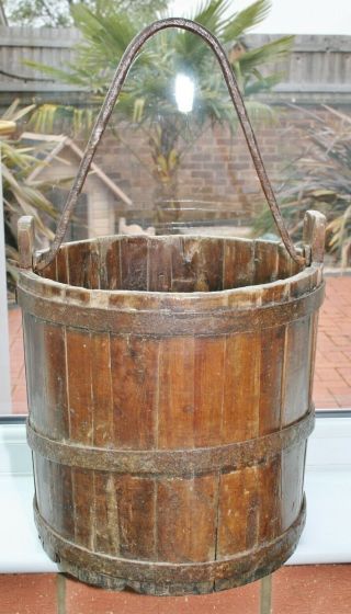 Antique Old Vintage Wooden Well Water Bucket / Rice Bucket For Garden Planter