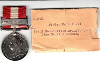 Canada General Service Medal Clasp Fenian Raid 1866 To Pte S.  Sommerville