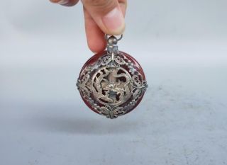 1pcs China Antique Tibetan Silver Dragon Phoenix Inlay Agate Jade Pendant