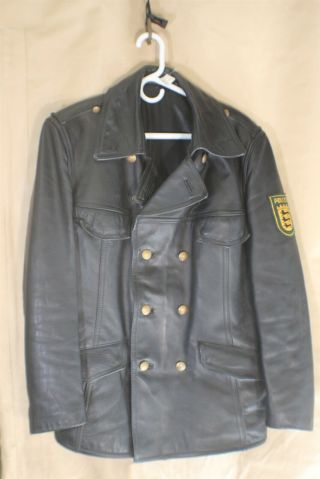 West German Baden - Württemberg Black Leather Police Coat W/ Polizei Patch E.  C.