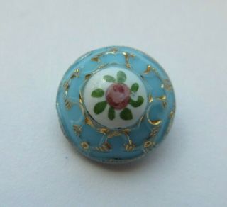 Stunning Small Antique Victorian Turquoise Glass Button Pink Enamel Rose (k)