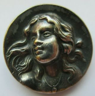 Spectacular Large Antique Vtg Metal Picture Button Art Nouveau Ladies Head (k)