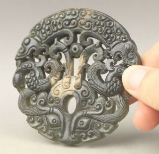Old Chinese Natural Jade Hand - Carved Double Dragons Pendant