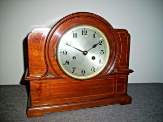 Antique Edwardian Mahogany Inlaid Mantel Clock With Satin Wood Inlay (with Key)
