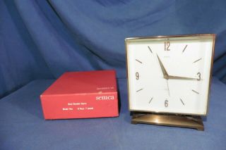 Vintage Swiss Semca Brass 7 Jewels 8 Day Alarm Clock With Box