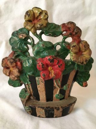 Antique Hubley Iron Floral Doorstop Nasturtiums Flowers In A Pot 221