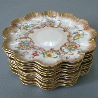 12 Antique English Porcelain Cabinet Plates Hp Enamel Flowers W Gilt Pointons