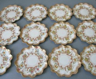 12 Antique English Porcelain Cabinet Plates HP Enamel FLOWERS w Gilt POINTONS 2