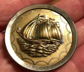 Vintage Antique Gold Brass Tone Metal Ship Boat Ocean Picture Button 6722