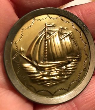 vintage antique gold brass tone metal ship boat ocean picture button 6722 4