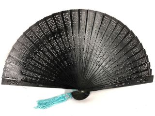 Vintage Japanese Black Lacquered Sandalwood Fan In Its Box: Oct18c