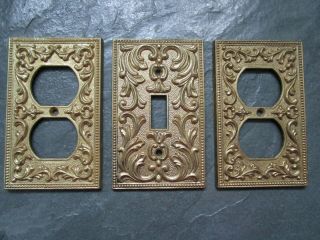 Vintage Antique Brass Ornate 1 Single Light Switch Plate,  2 Outlet Covers 1968