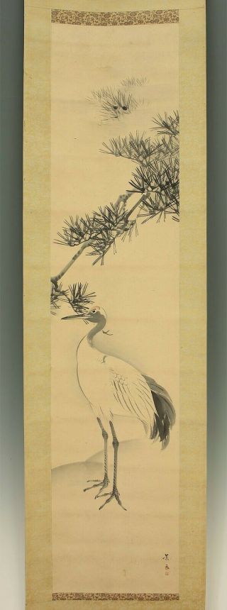 掛軸1967 Japanese Hanging Scroll : Matsumura Keibun " Crane And Pine " @b937