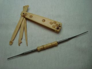 Antique Bovine Bone Crochet Hook And Sewing Multi Tool