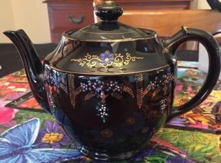 Black Japanese Teapot With Intricate Gold Designs