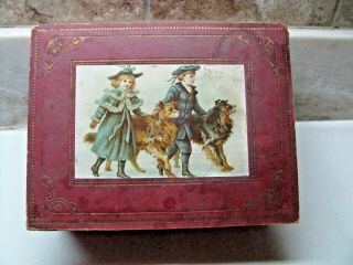 Small Victorian Sewing Box - Wood With Lock & Key - Litho Pic.  - Bone Crochet Hooks