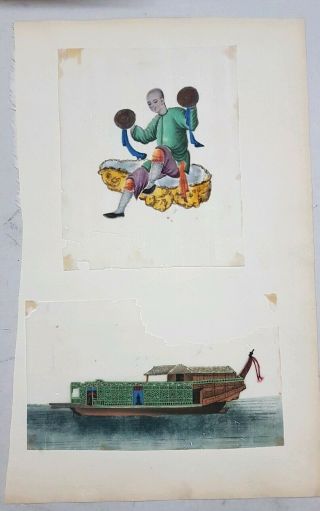 2 Antique Chinese Rice Pith Paper Paintings Boat And Musician