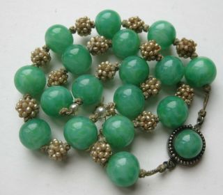 Fine Old Chinese Jade Green Peking Glass Sterling Silver Beaded Necklace