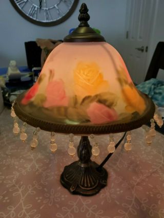 Antique Reverse Painted Butterflies & Roses Brass Table Lamp
