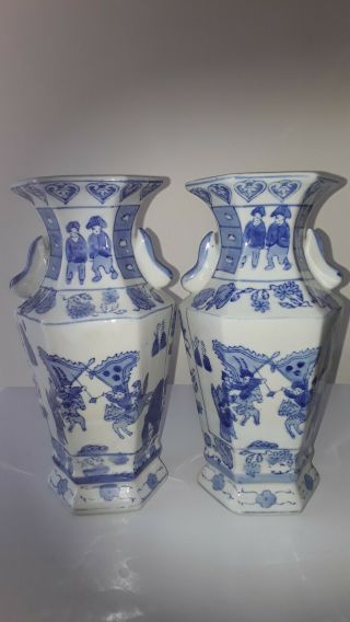 Chinese Hexaganol Blue & White Vases,  Fighting Scenes.  Large 26cm.