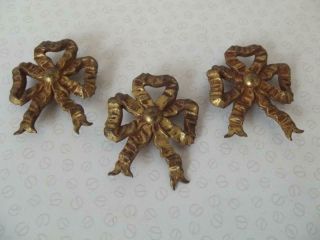 3 Antique French Rococo Gilt Bronze Picture Hook Covers Ribbon Bows Design