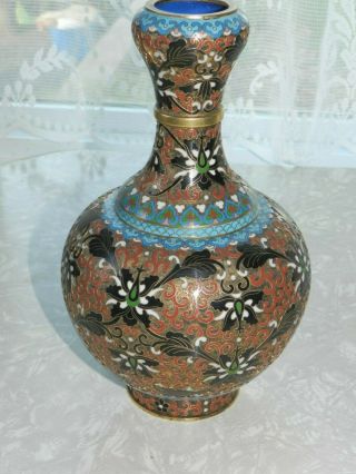 Vintage Asian Cloisonne Vase Blue China Enamel Brass Black Turquoise Green