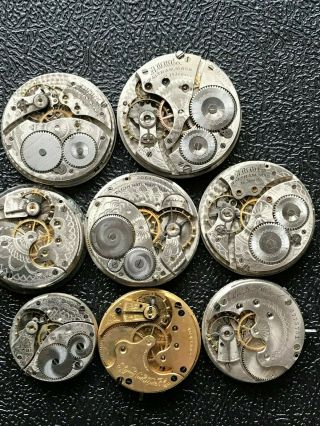 3 Waltham 5 Elgin Pocket Watch Movements For Fix Or Parts 16s To 0s
