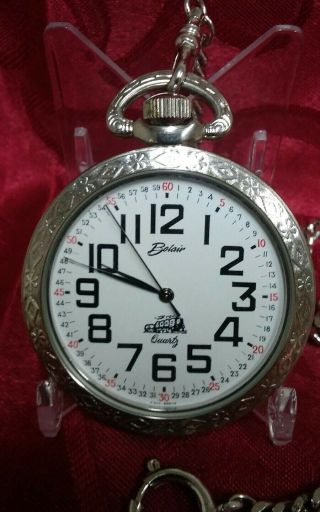 Bolair Pocket Watch And Chain Running Well Railroad Locomotive On Dial And Case