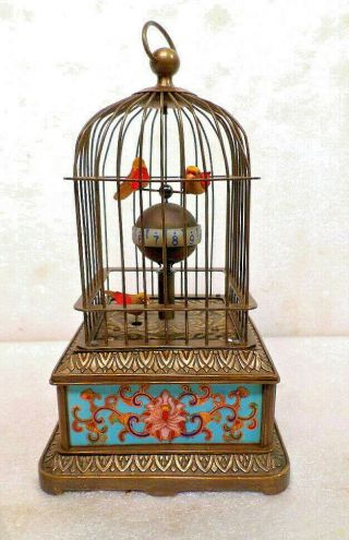 Large 9 1/2 " Wind Up Mechanical Cloisonne Style Bird Cage Clock - 3 Animated Birds