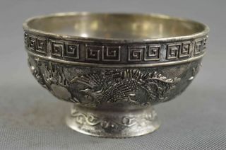 Tibet Collectable Auspicious Handwork Old Miao Silver Carve Dragon Phoenix Bowl