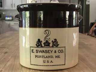 2 Gallon Antique E.  Swasey & Co.  Portland,  Me Stoneware Crock W/ Applied Handles