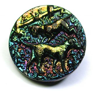Bb Antique Black Glass Button 2 Dogs In Yard Scene W/ Carnival Luster - 11/16 "