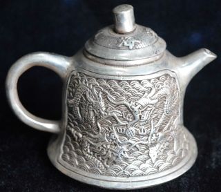 Handwork Old Collectable Miao Silver Carve Mythical Dragon Exorcism Evil Teapot