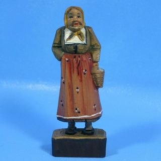 6 " Antique Swiss Black Forest Wood Carving Figurine Peasant Woman Brienz C1920