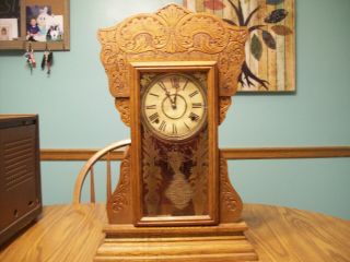 W.  L.  Gilbert Antique No.  45 Oak Mantle Chime Clock With Keys