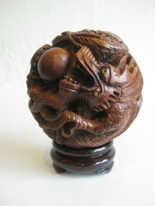 Fine Old Chinese Carved Hardwood Wood Figural Dragon Ball Sculpture Statue Stand