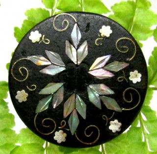 Gorgeous Victorian Horn Button W/ Inlaid Pearl & Metal Flowers D87
