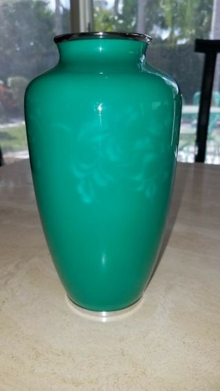Vintage Japanese Ando Cloisonné Jade Green Enamel Vase With Design