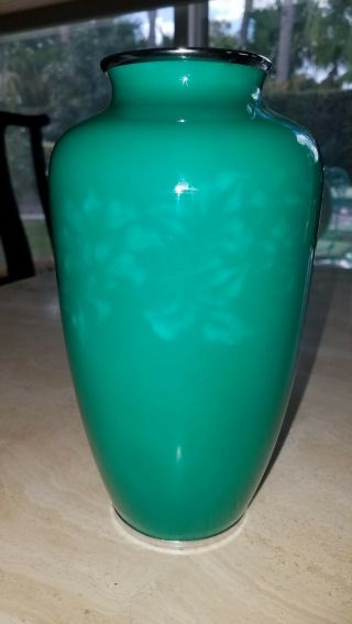Vintage Japanese Ando Cloisonné Jade Green Enamel Vase with Design 6
