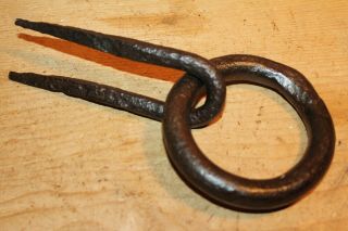 Antique Wrought Iron Tethering Ring With Staple Meat/beam/game/hook