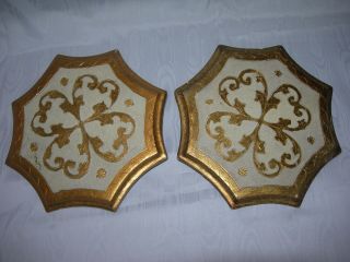 Rare Pair Vintage Florentine Italy Gold Gilt Wooden Toleware Wall Pocket Sconce
