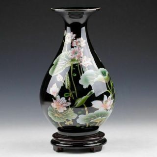 Oriental Chinese Hand - Painted Black Lotus Flowers Drop Shape Vase C02